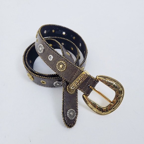 Vintage Genuine Leather Western Gold Belt adjustable silver hardware - Picture 3 of 9